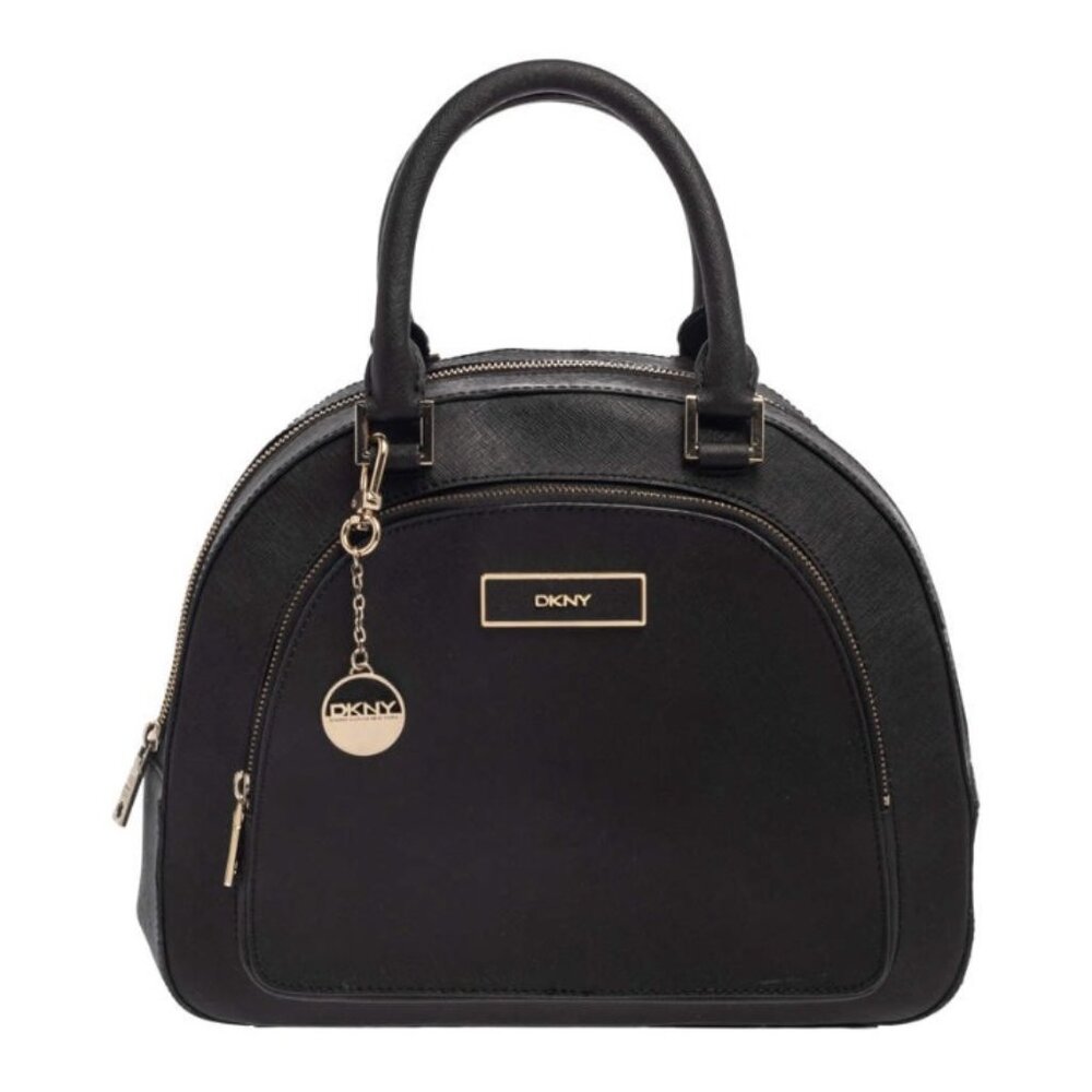 DKNY Black Saffiano Leather Handbag Front Pocket Dome Satchel Like New